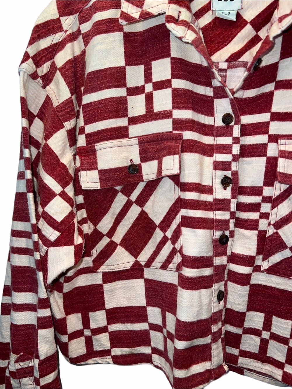 BDG Red and Cream Geometric Shacket, Size SP, (0033) - Picture 6 of 12